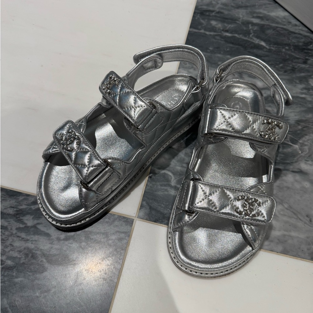 CHANEL Silver Quilted Velcro Strap Sandals with CC Accents